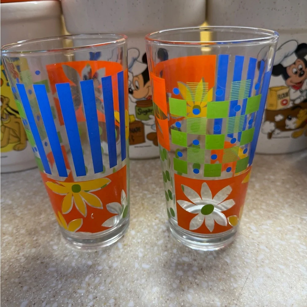 2 Vintage KIG  Multi Color 6” Glasses Tumblers Orange Blue Green Yellow Flower